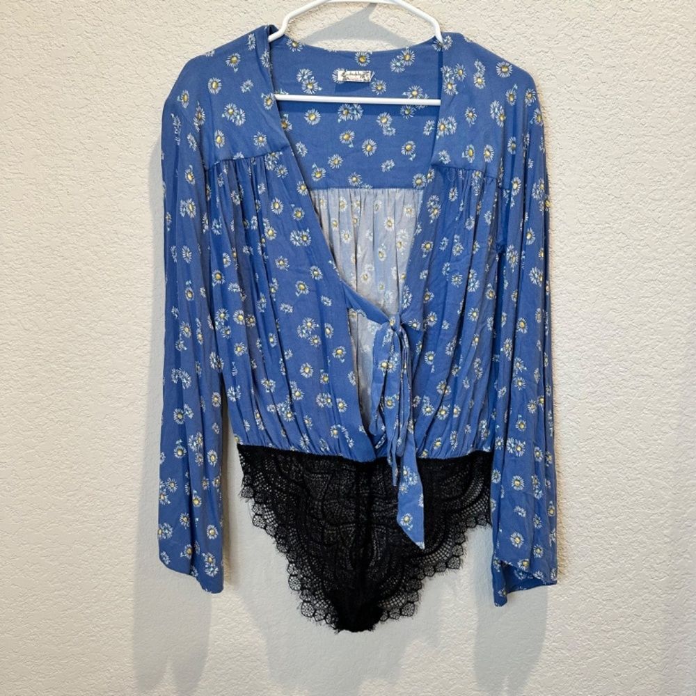 Free People Blue Floral Tie-Front Bodysuit - Picture 2 of 8